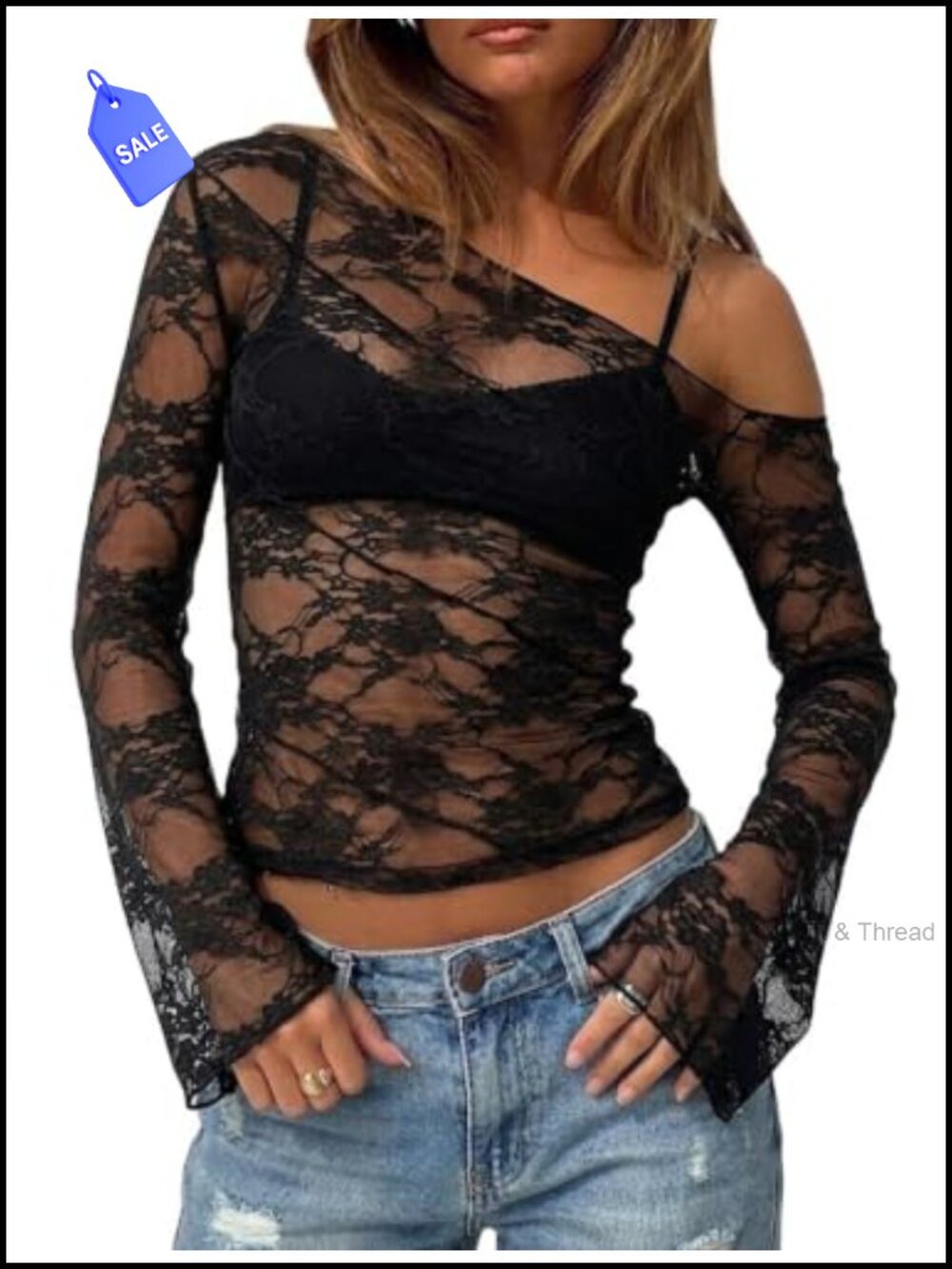 Off Shoulder Long Sleeve Mesh Lace Top Y2K Going Out Tee